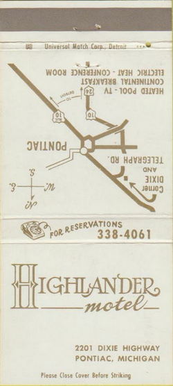 Waterford Motel (Highlander Motel, Thrift Courts of America) - Matchbook (newer photo)